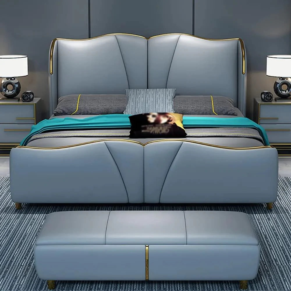 A bed with mattress sky blue gold colour