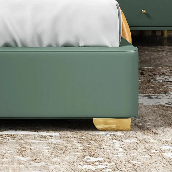 A bed with mattress greena and gold colour