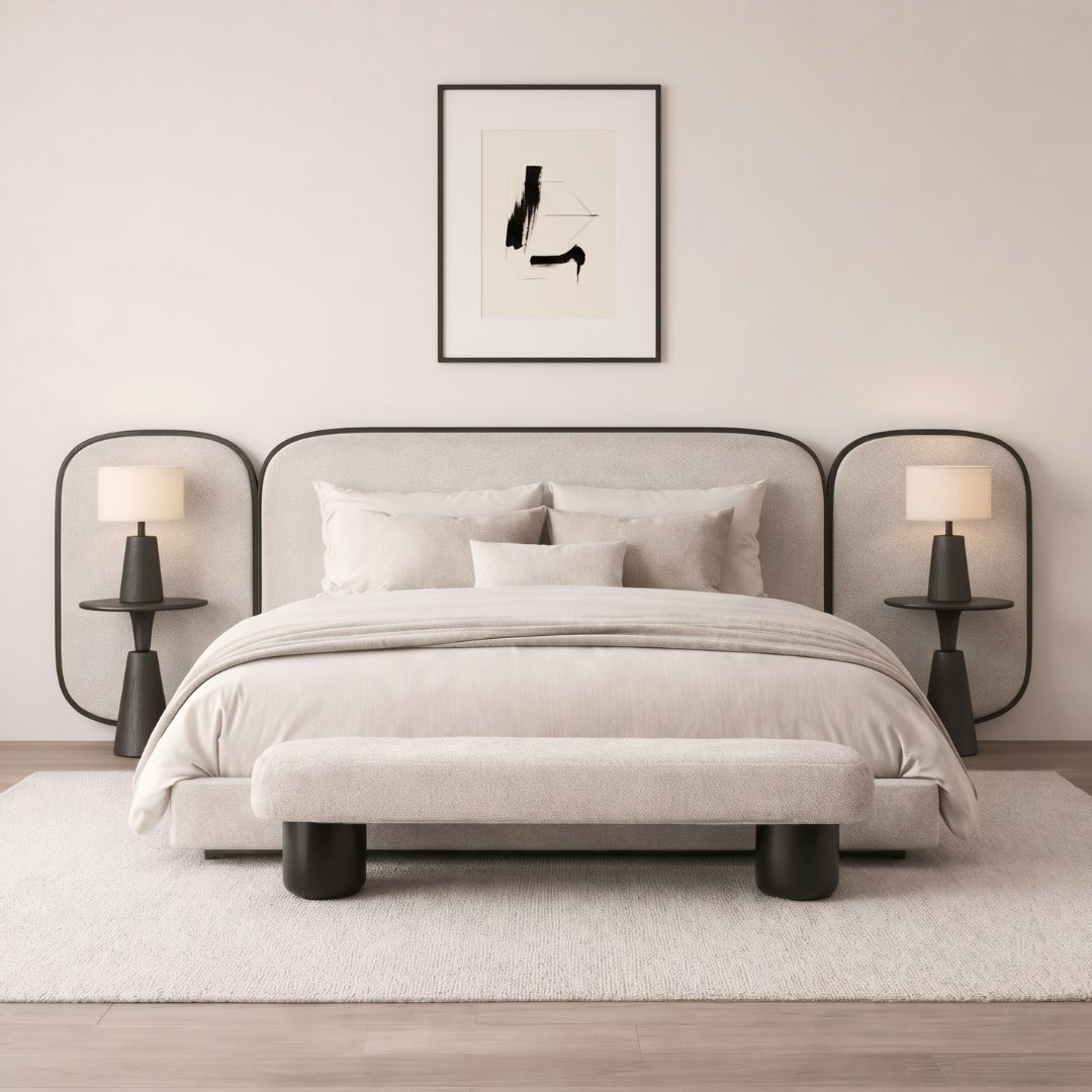 Solvane Luxury Wingback Upholstered Big Panel Bed In Fabric