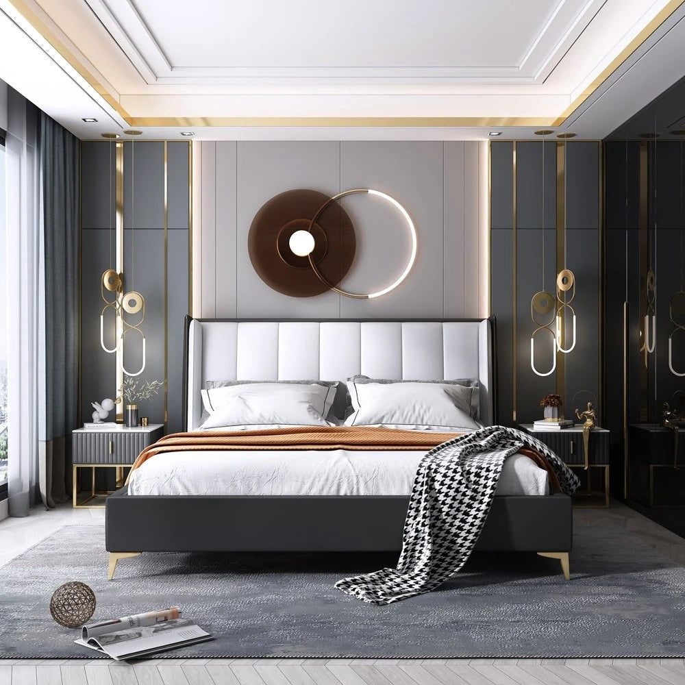 A bed with mattress black and white colour