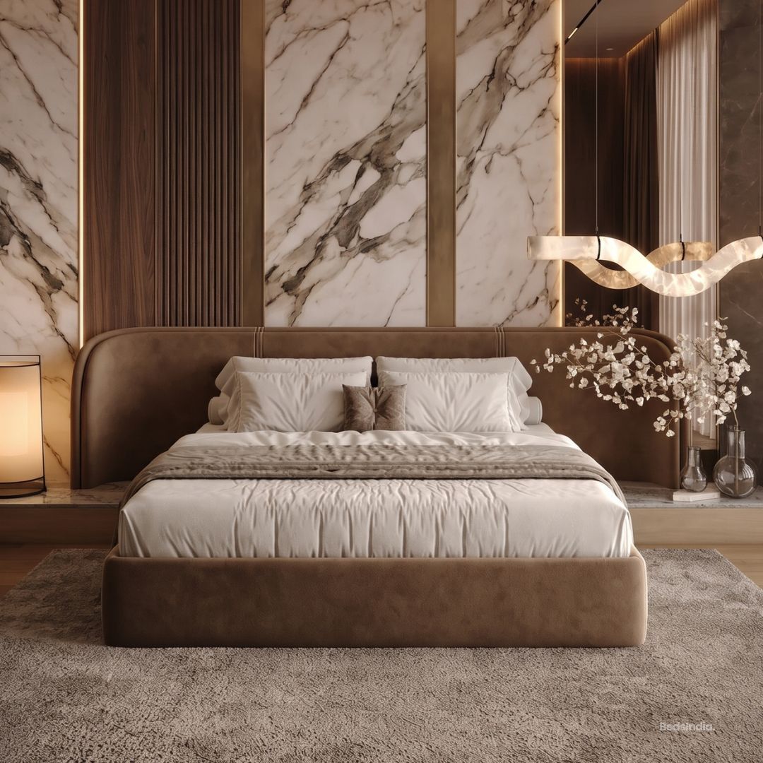Tavora Luxury Curved Upholstered Big Panel Bed With Metal Storage