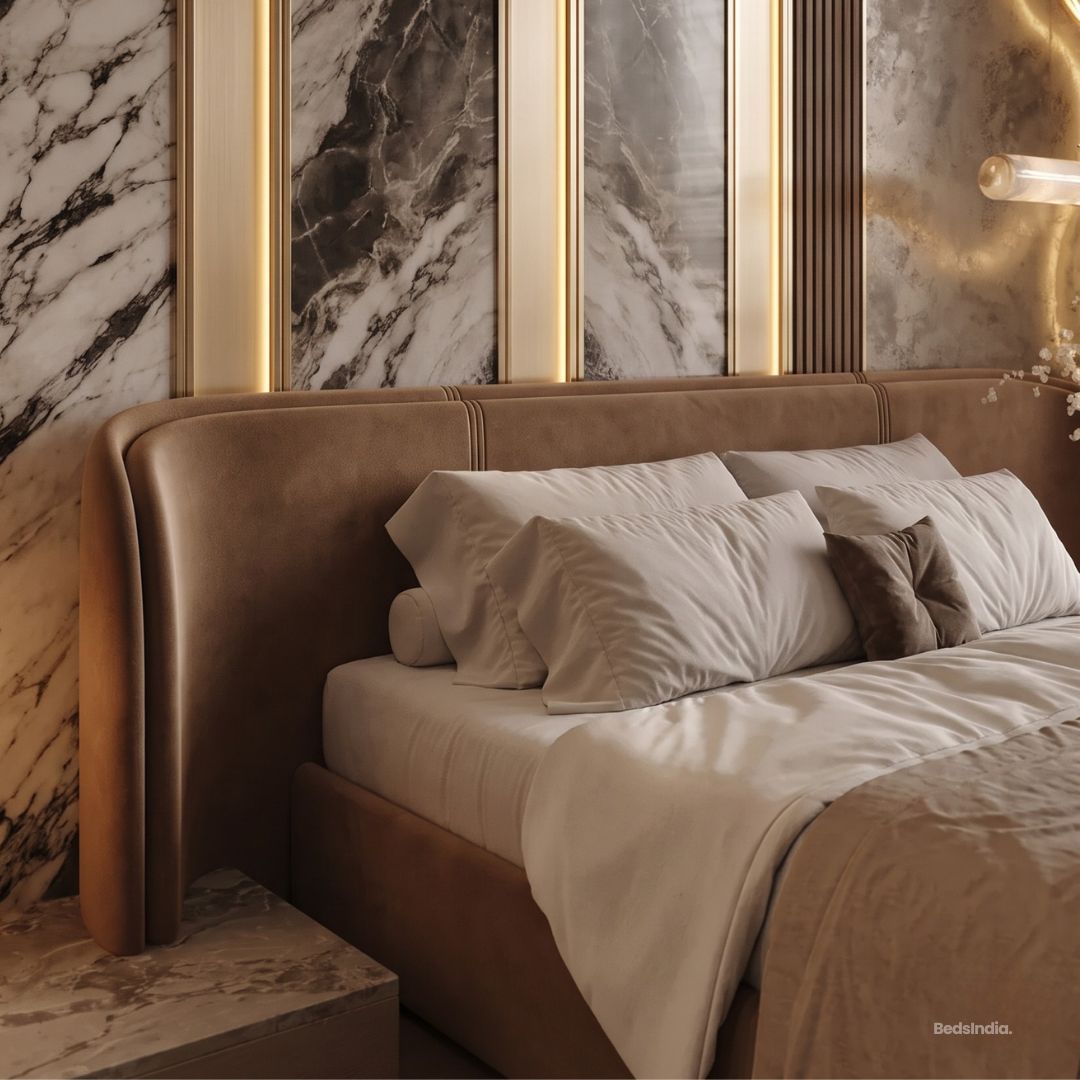 Tavora Luxury Curved Upholstered Big Panel Bed With Metal Storage