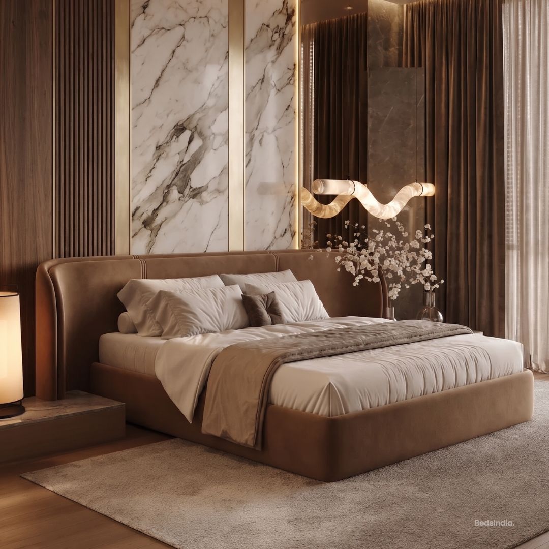 Tavora Luxury Curved Upholstered Big Panel Bed With Metal Storage