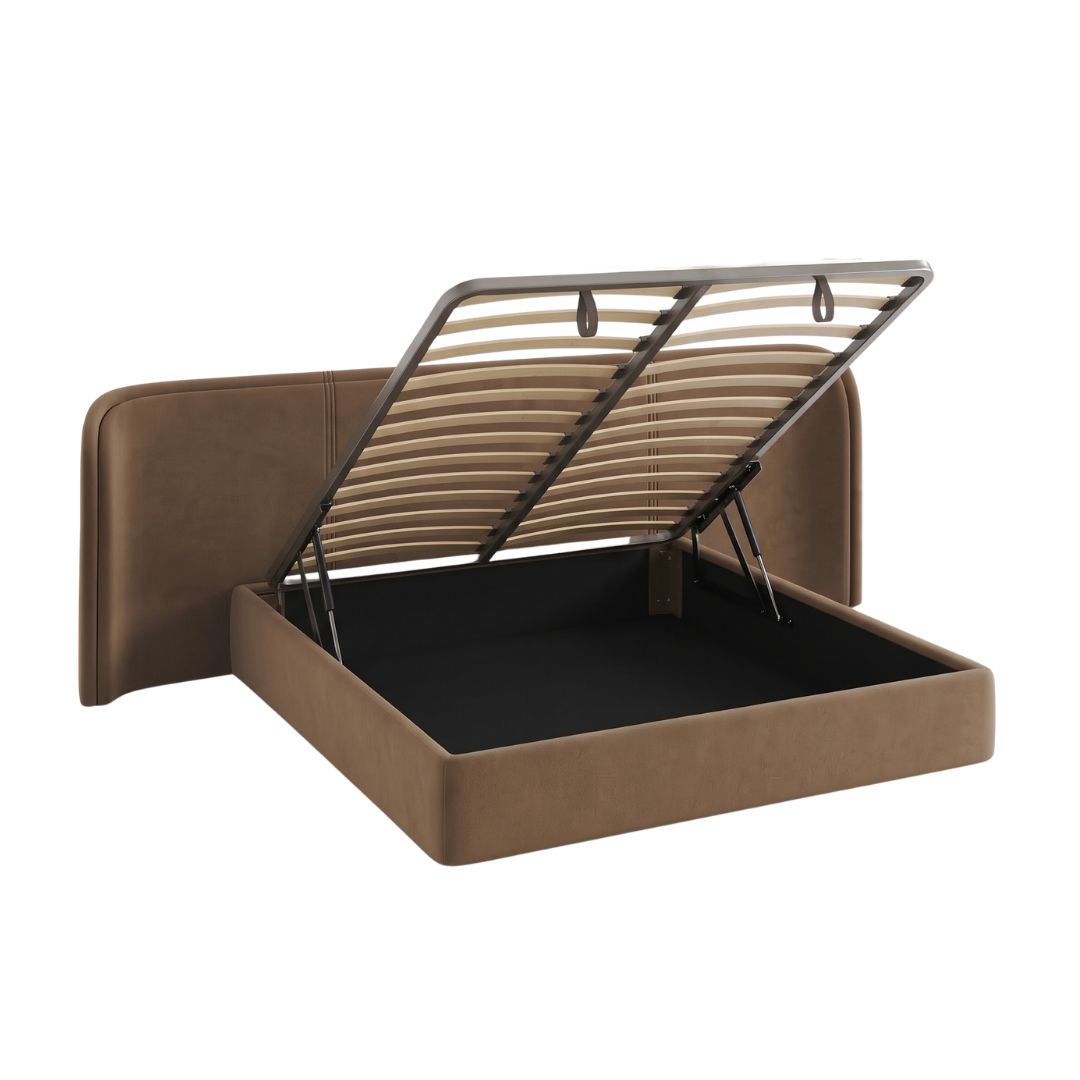 Tavora Luxury Curved Upholstered Big Panel Bed With Metal Storage