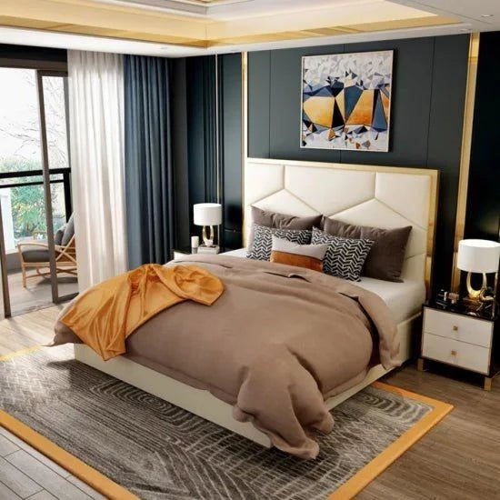 A bed with mattress cream and gold colour