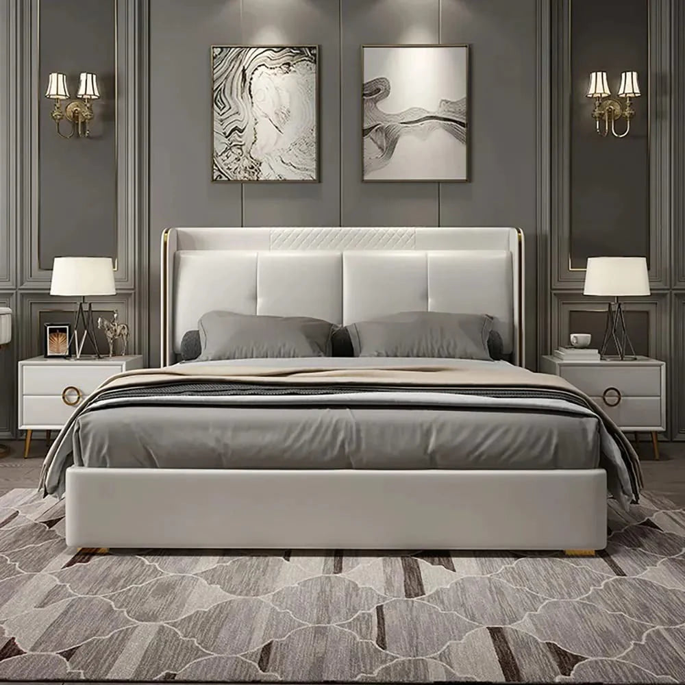 A bed with mattress cream colour