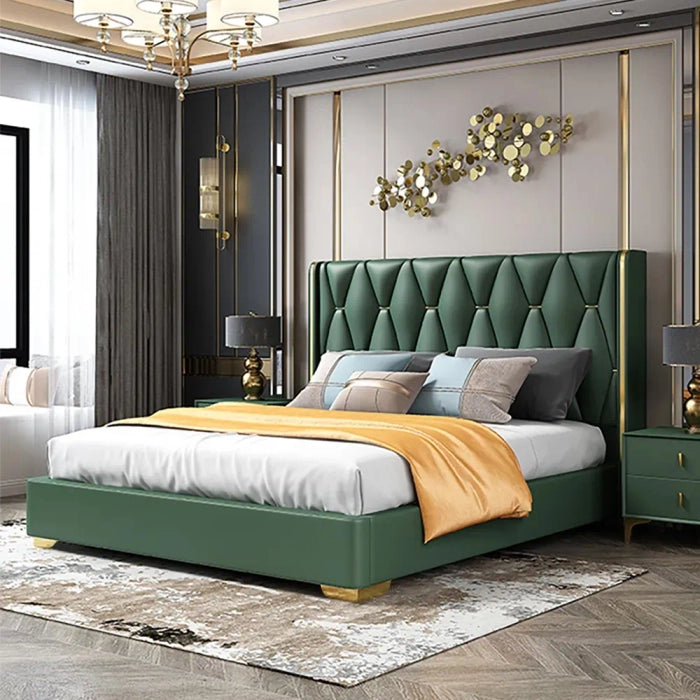 A bed with mattress green and gold velvet colour