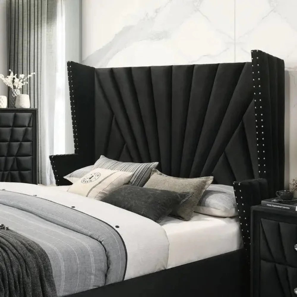 Dubai Wing Upholstered Bed with Storage in Grey Suede