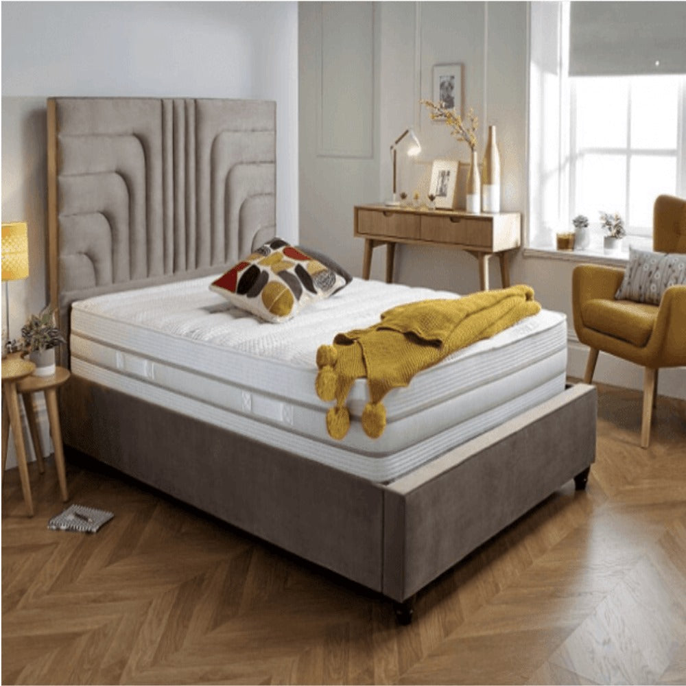 Linear Upholstered Bed With Storage in Beige Suede