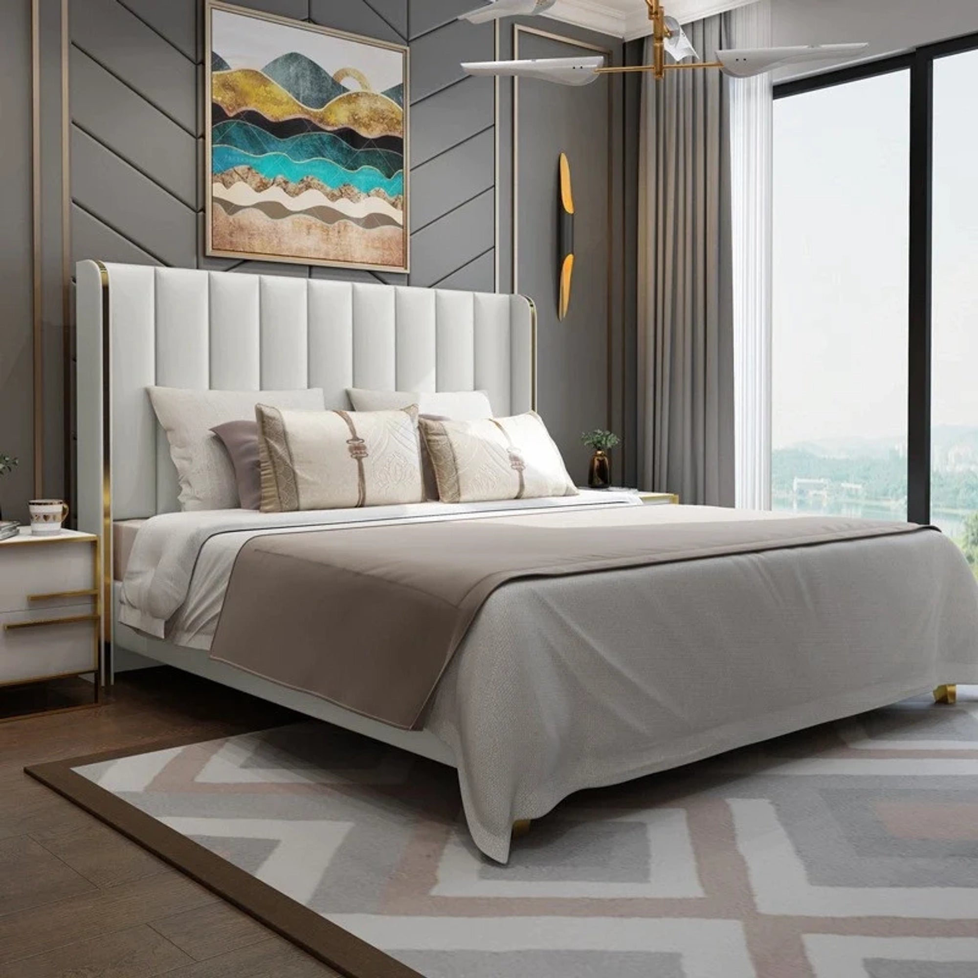 A bed with mattress white colour 