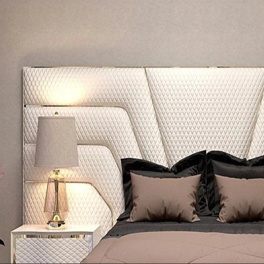 Beige Large Upholstered Headboard Bed
