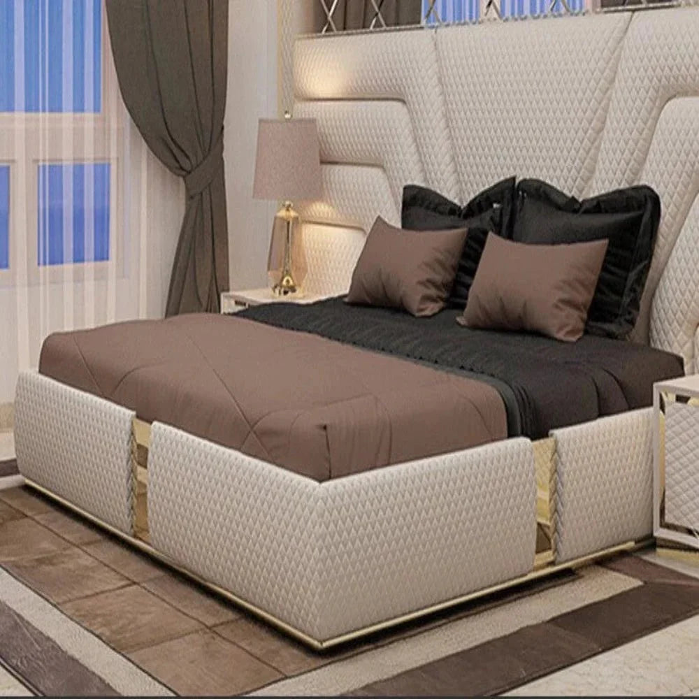 Beige Large Upholstered Headboard Bed