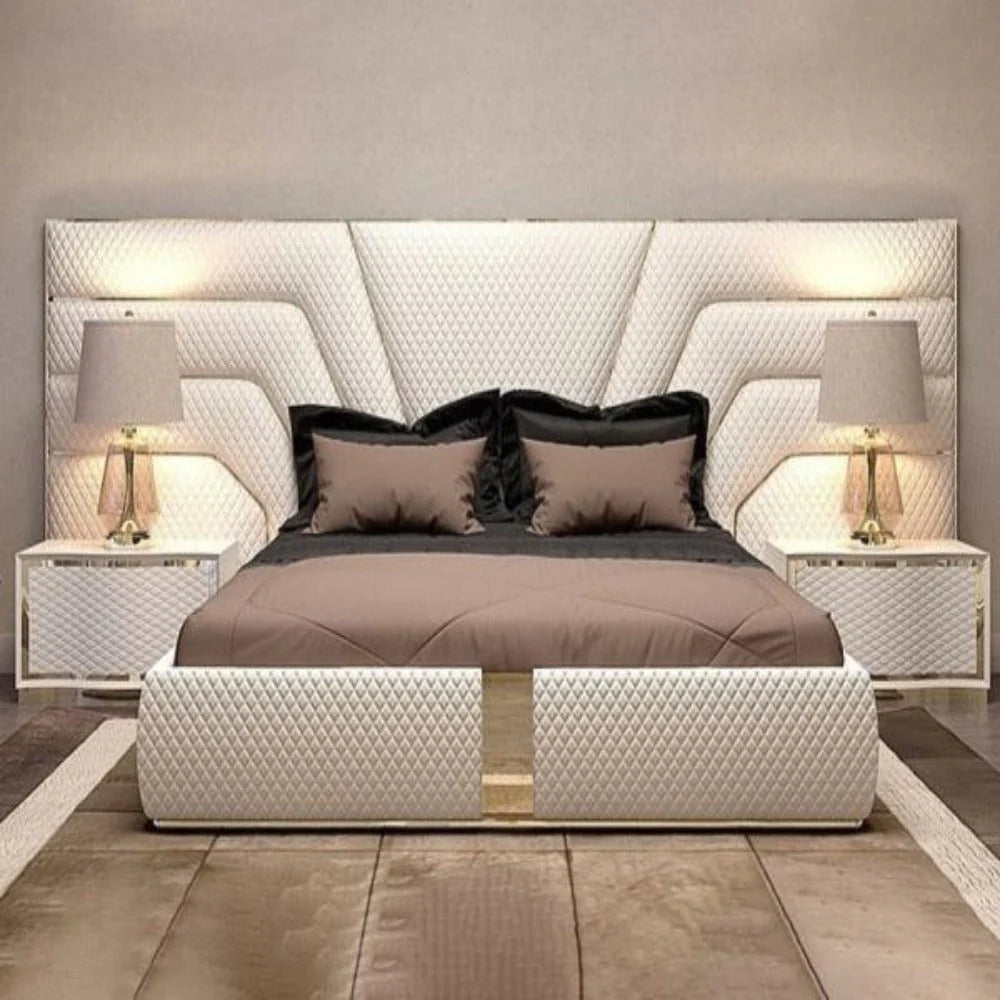 Beige Large Upholstered Headboard Bed