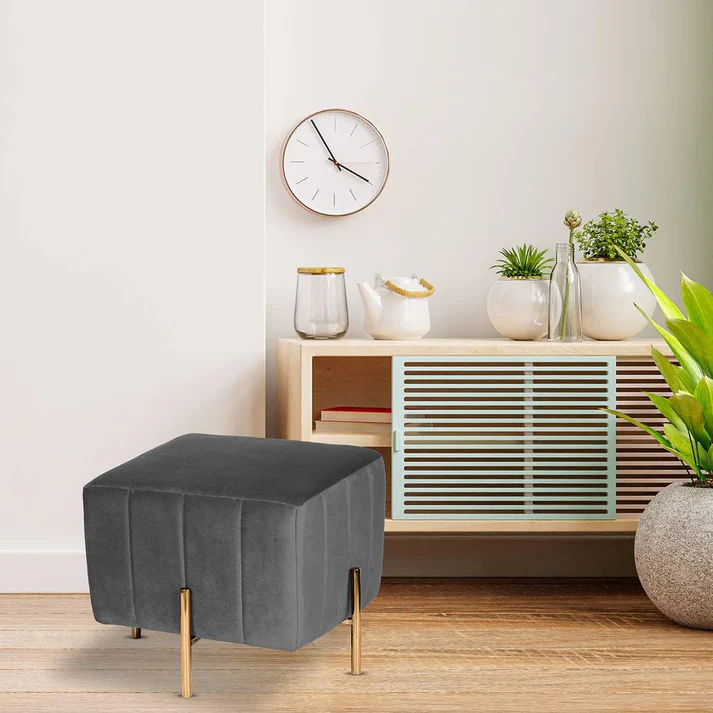 Luxe Grey Velvet Pouffe with Gold Legs