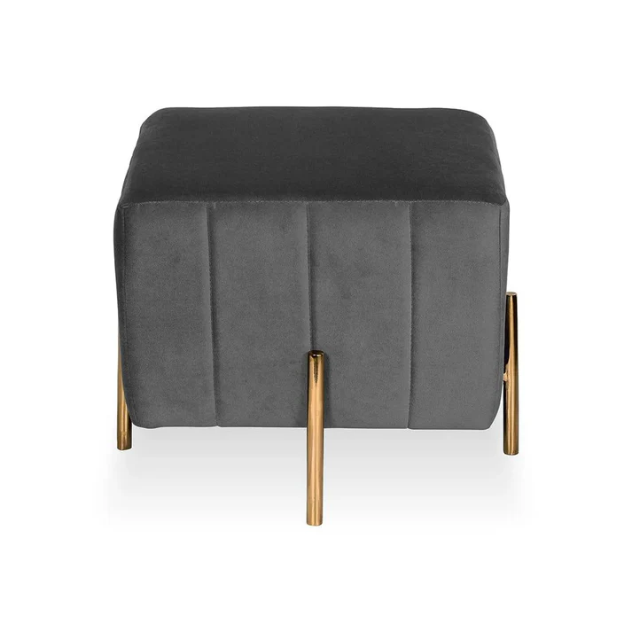 Luxe Grey Velvet Pouffe with Gold Legs